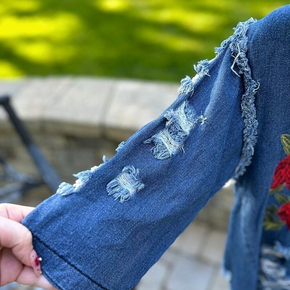 THRILL Denim Embroidered Distressed High-Low Mini Dress Size L - Picture 6 of 11